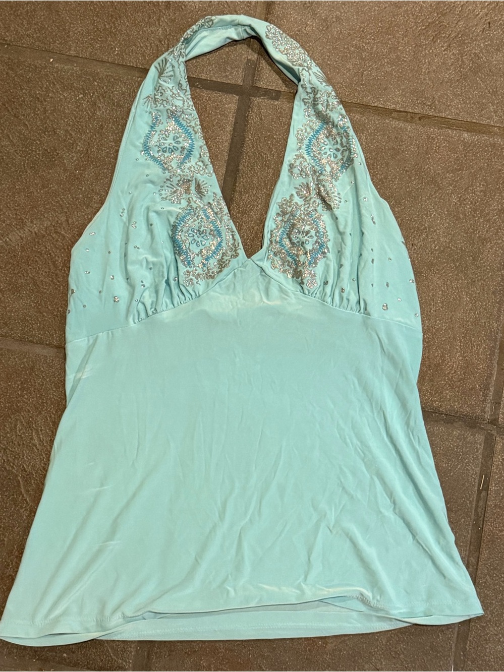 Halter Neck Embellished Tank Top - Light Aqua